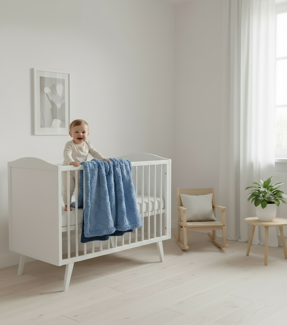 White crib with a blue blanket in a minimalistic room with white walls, a plant, and framed pictures.