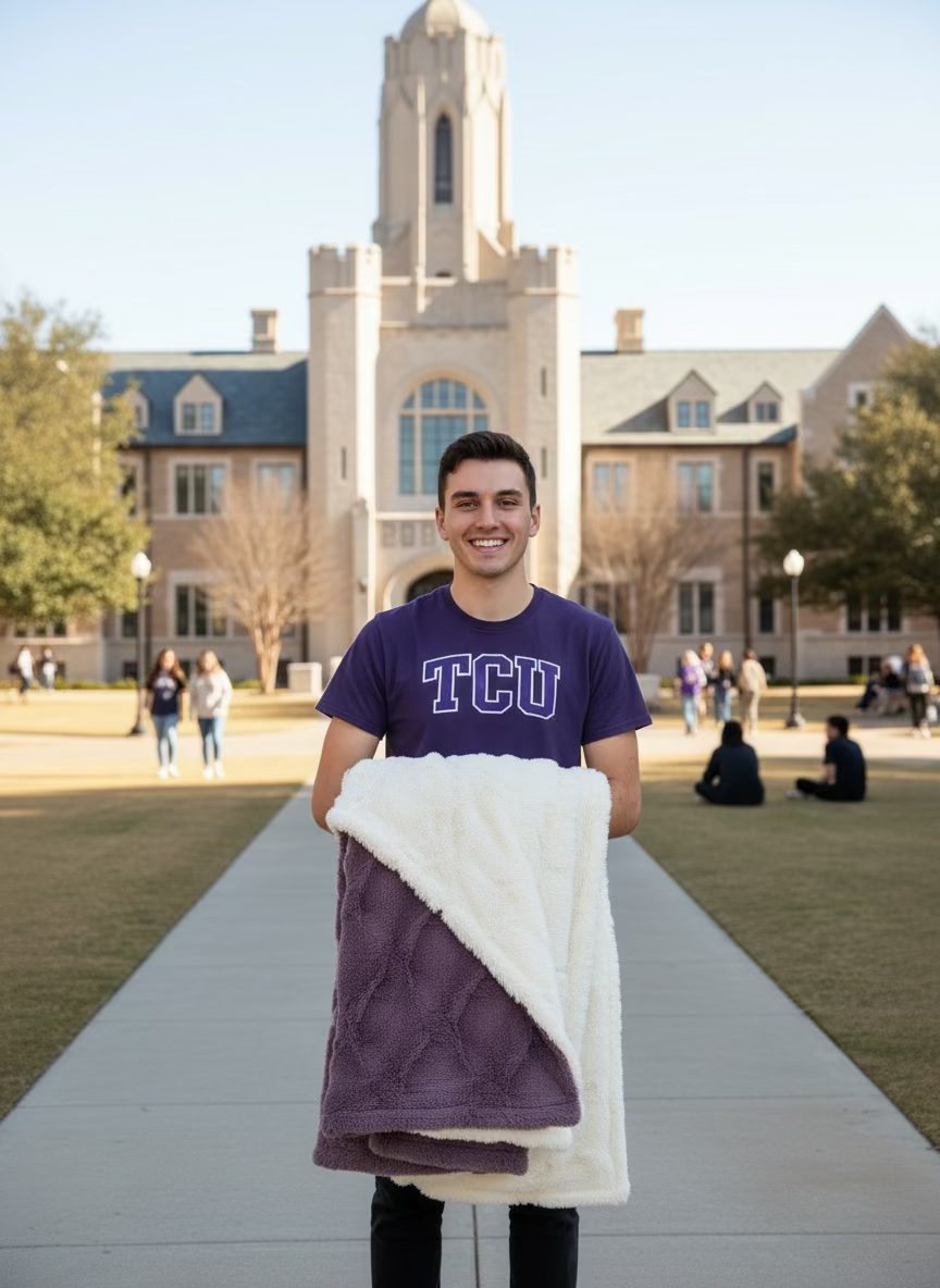 Purple blanket with white textured reverse on a white background