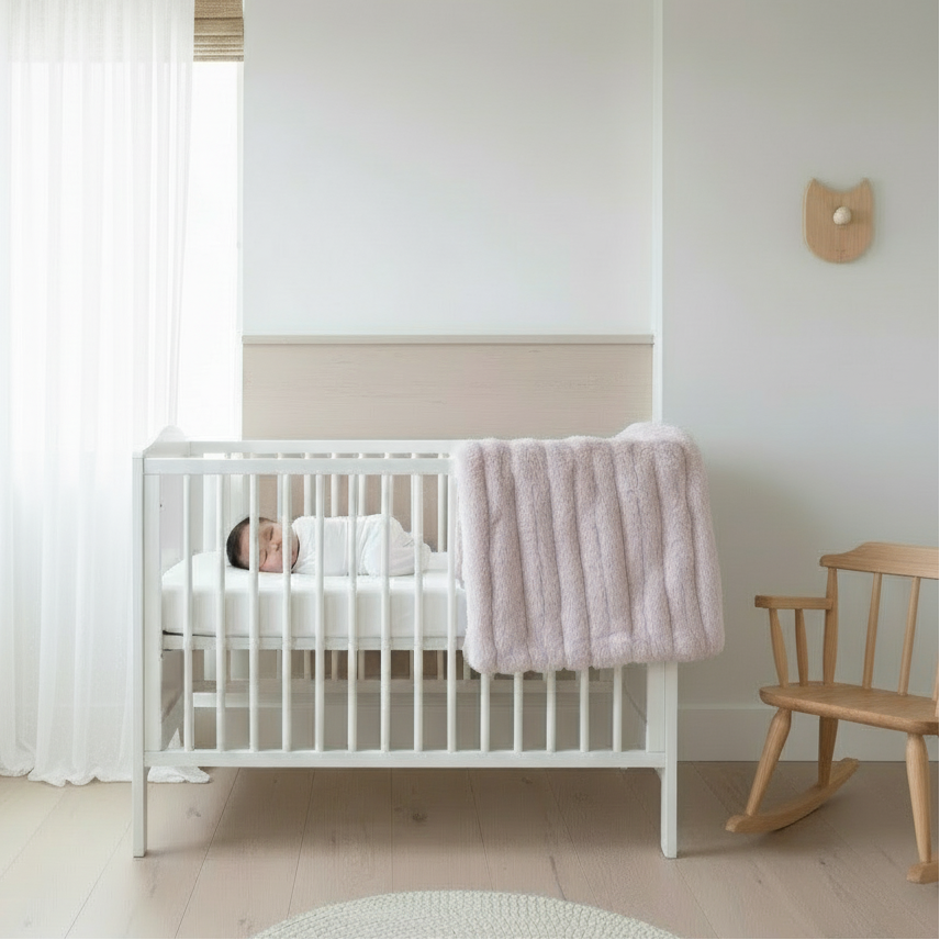Nursery room with a white crib, pink blanket, and wooden rocking chair.