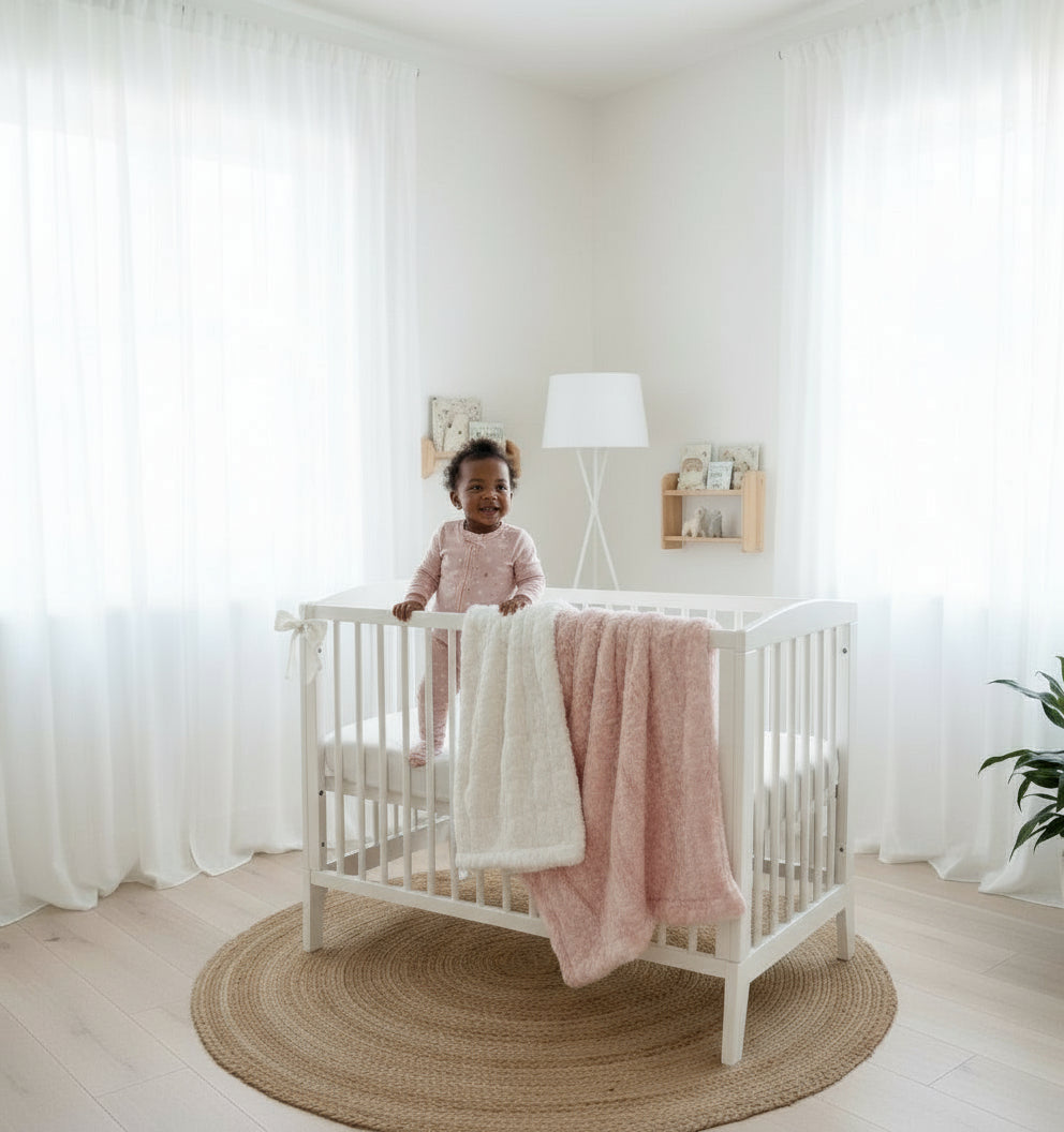 A double-sided plush baby blanket with blush pink on one side and a lighter shade on the other, with a label that reads 'xo THE BLANKET'.