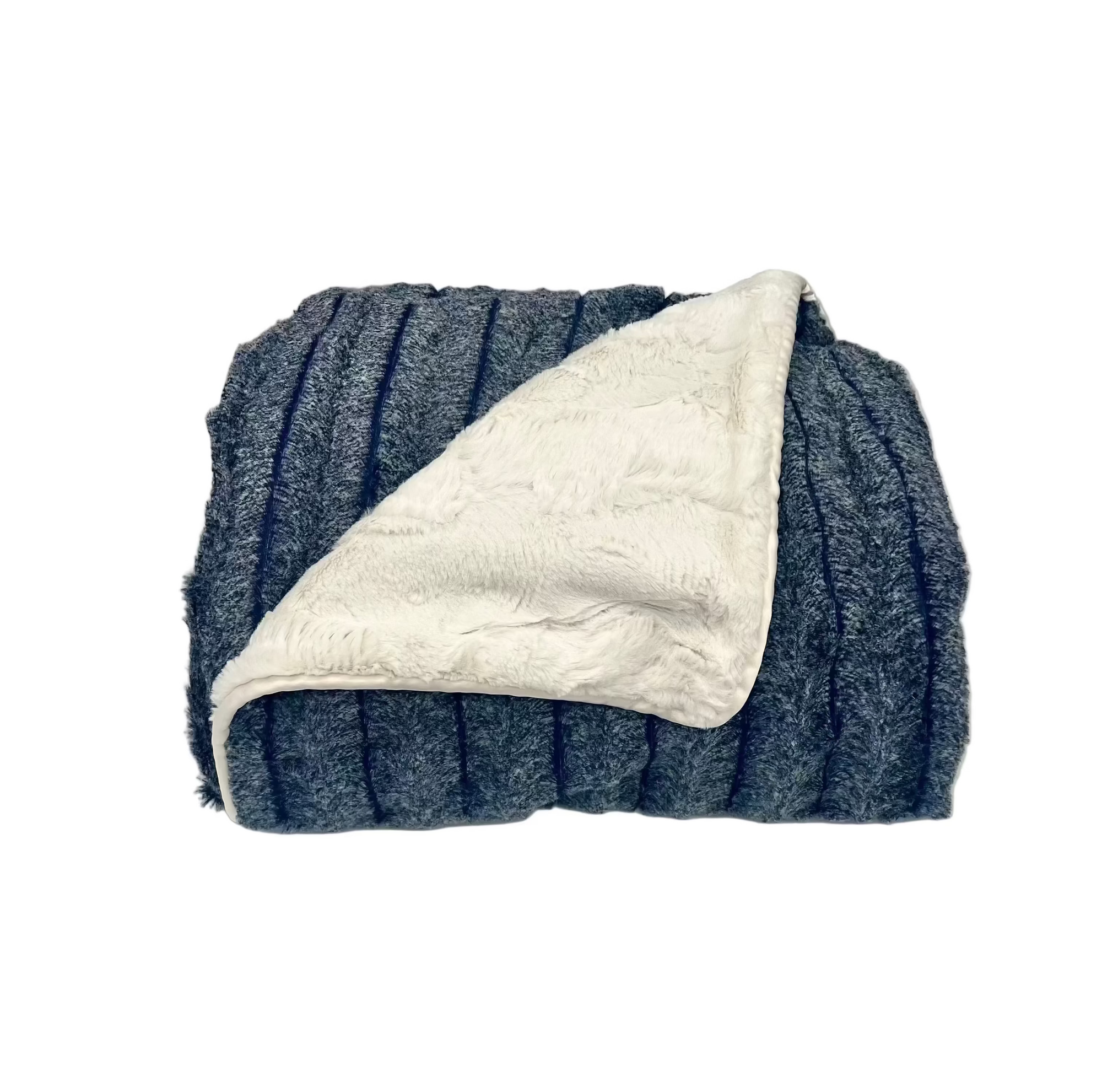 Blue and white textured blanket on a white background