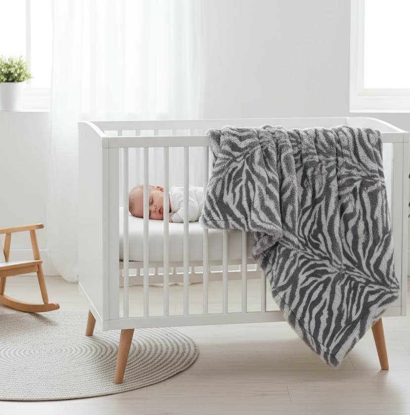 A gray and white striped plush baby blanket with a tag showing 'XO' and the text 'THE BLANKET'.