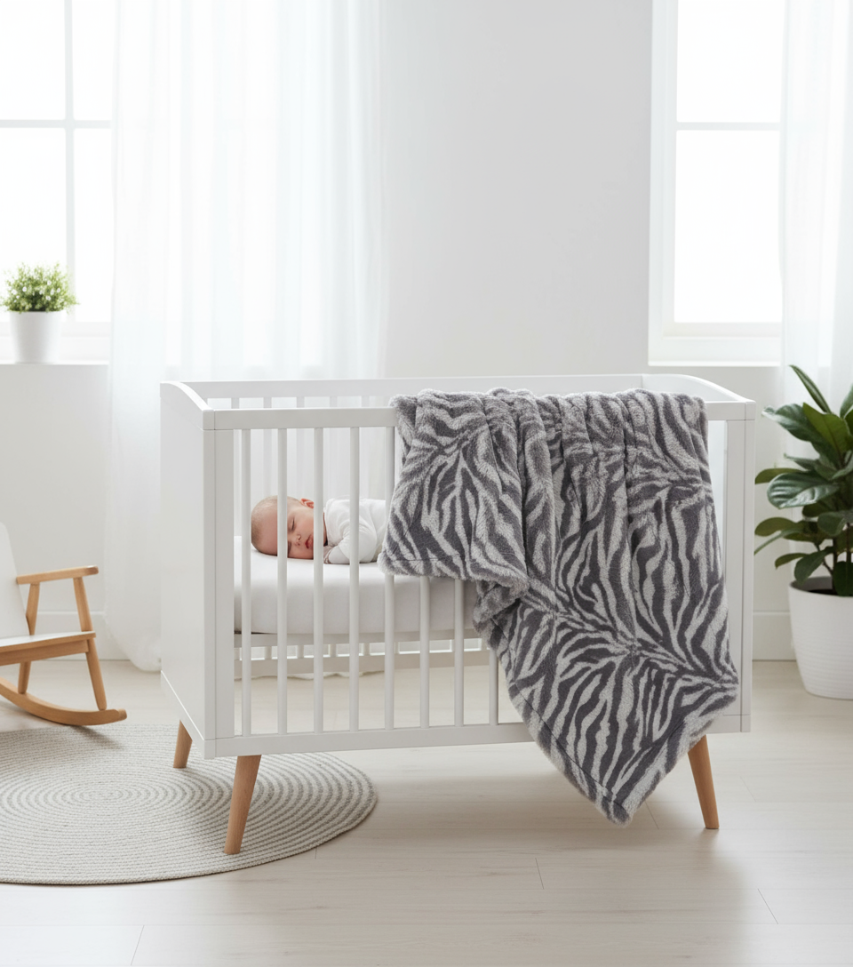 A gray and white striped plush baby blanket with a tag showing 'XO' and the text 'THE BLANKET'.
