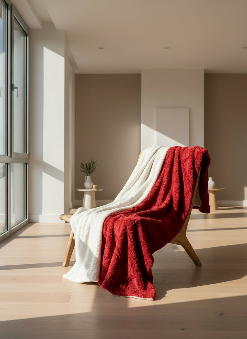 A double-sided plush blanket with one side red and the other white, featuring a textured design and satin cording finish with a blue 'HB Home' brand tag on the white side.