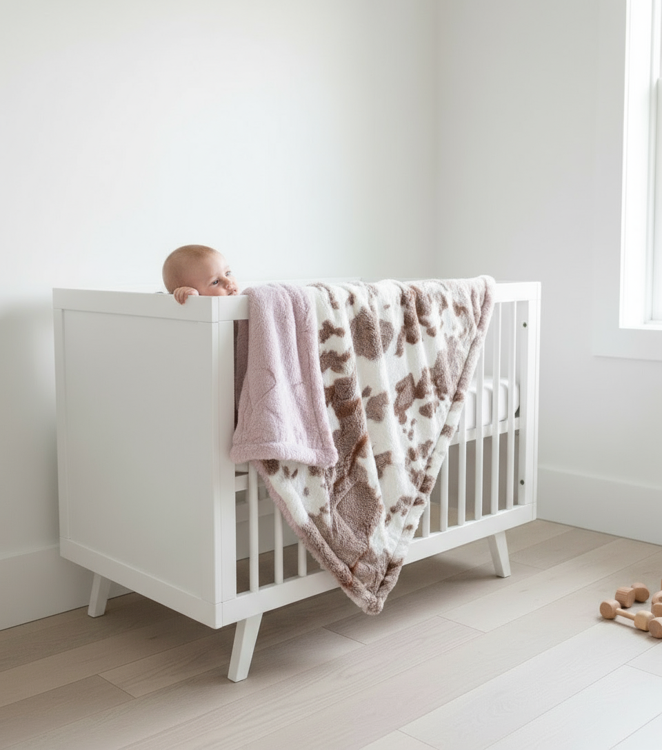 A plush baby blanket with a camouflage pattern in pink, beige, and white colors, with a label showing a heart and the brand 'xo'.
